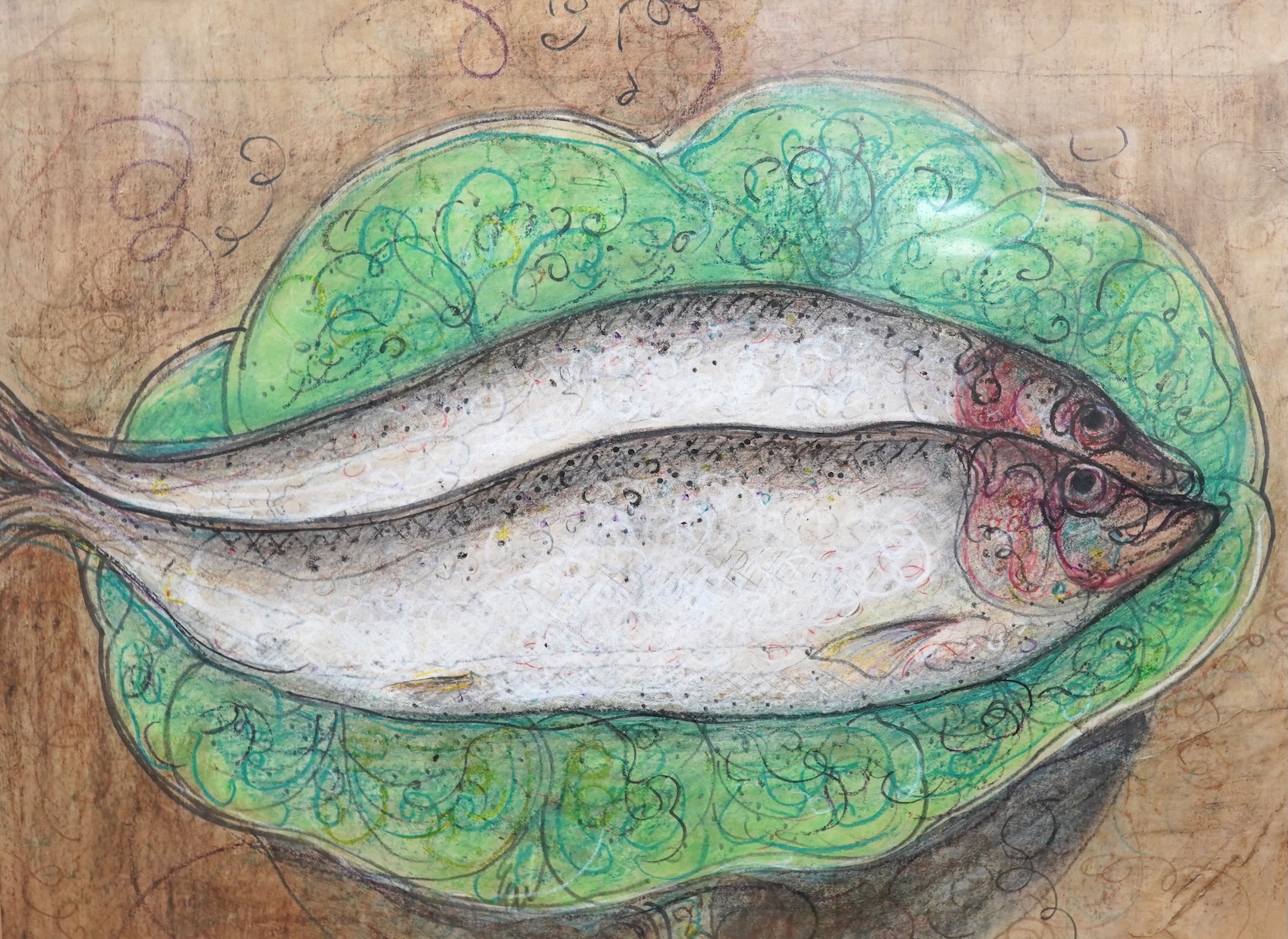 William de Belleroche (1912-1969), Still life of two dead fish, unsigned, watercolour and mixed media, 56 x 60cm